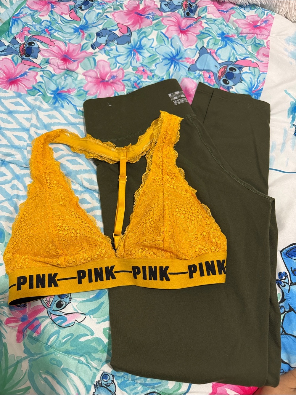 Pink Victoria secret Dark Olive Green Active Leggings and bra size S